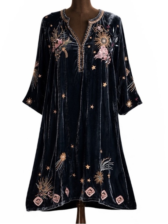 Johnny Was Dresses & Skirts - Johnny Was embroidered Selah Celestial Velvet Puff Sleeve Raglan Dress NWT RARE